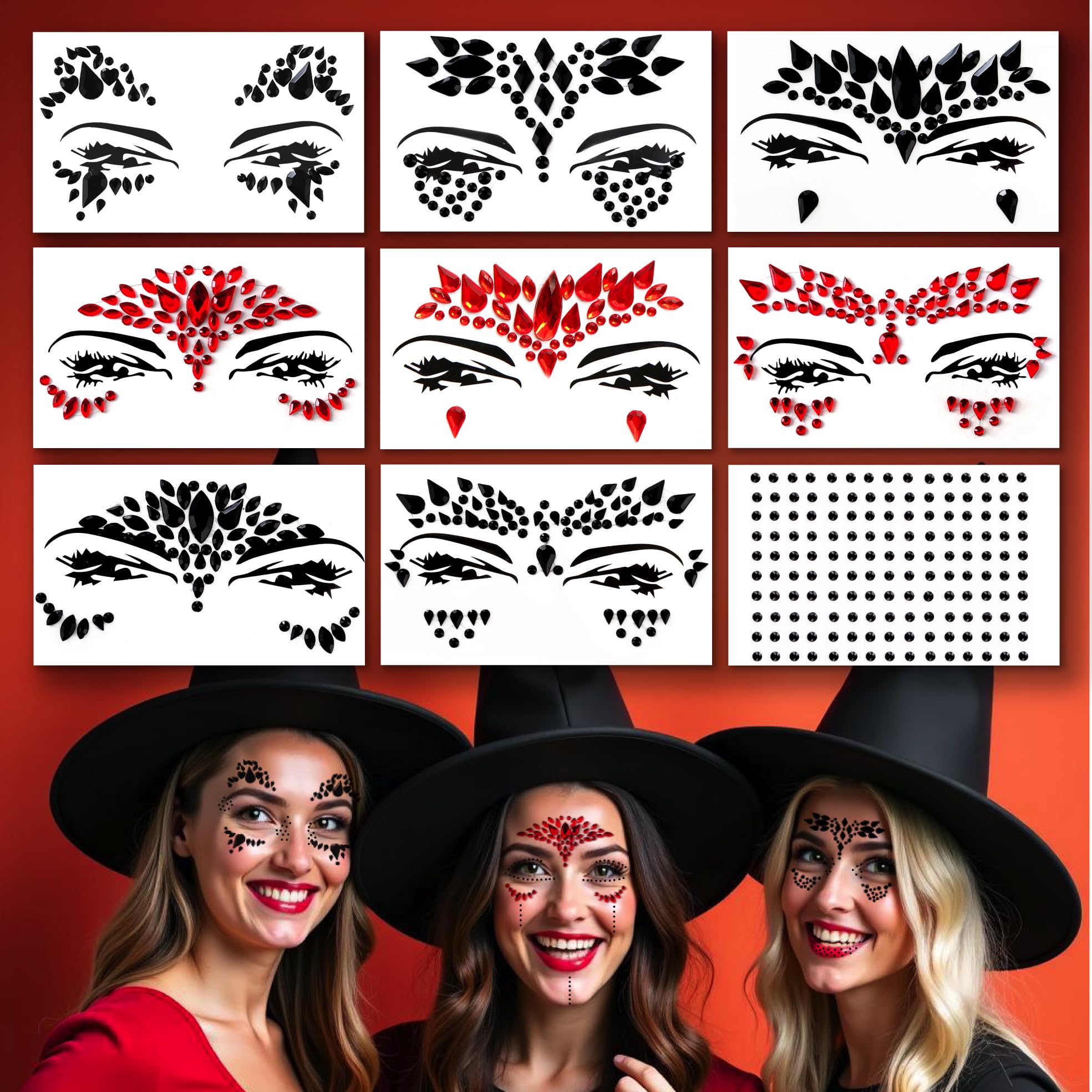 View 1 of Face Gems - Self-Adhesive Jewels for Festival, Rave Party, Halloween Body Makeup - Glitter Tattoo Sticker, Rhinestone for Eyes, Face, Body (9 PCS MIX)