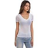 Elbucutess Women T Shirts Summer Basic Tops Tee Casual V-Neck Short Sleeve Sheer Tunic