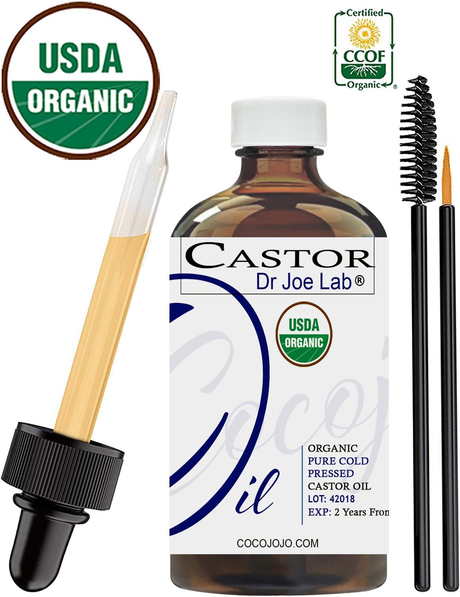 Dr Joe Lab Cocojojo Castor Oil Organic, Cold Pressed Organic Castor Oil, Unrefined, Pure USDA Certified Hexane Free Non GMO - Natural Moisturizing Hydrating Hair Skin Face Body Nails - 1 OzUSDA Organic
