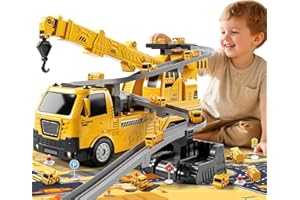 JUKUDAHU Construction Truck Crane Track Toy for Kids 3 4 5 6 7 8 Years Old, Engineering Excavator Vehicle Race Track with 8 Small Cars, Sound and Light, Boy Toys, Gifts for Toddlers Boy Girl Ages 3-5