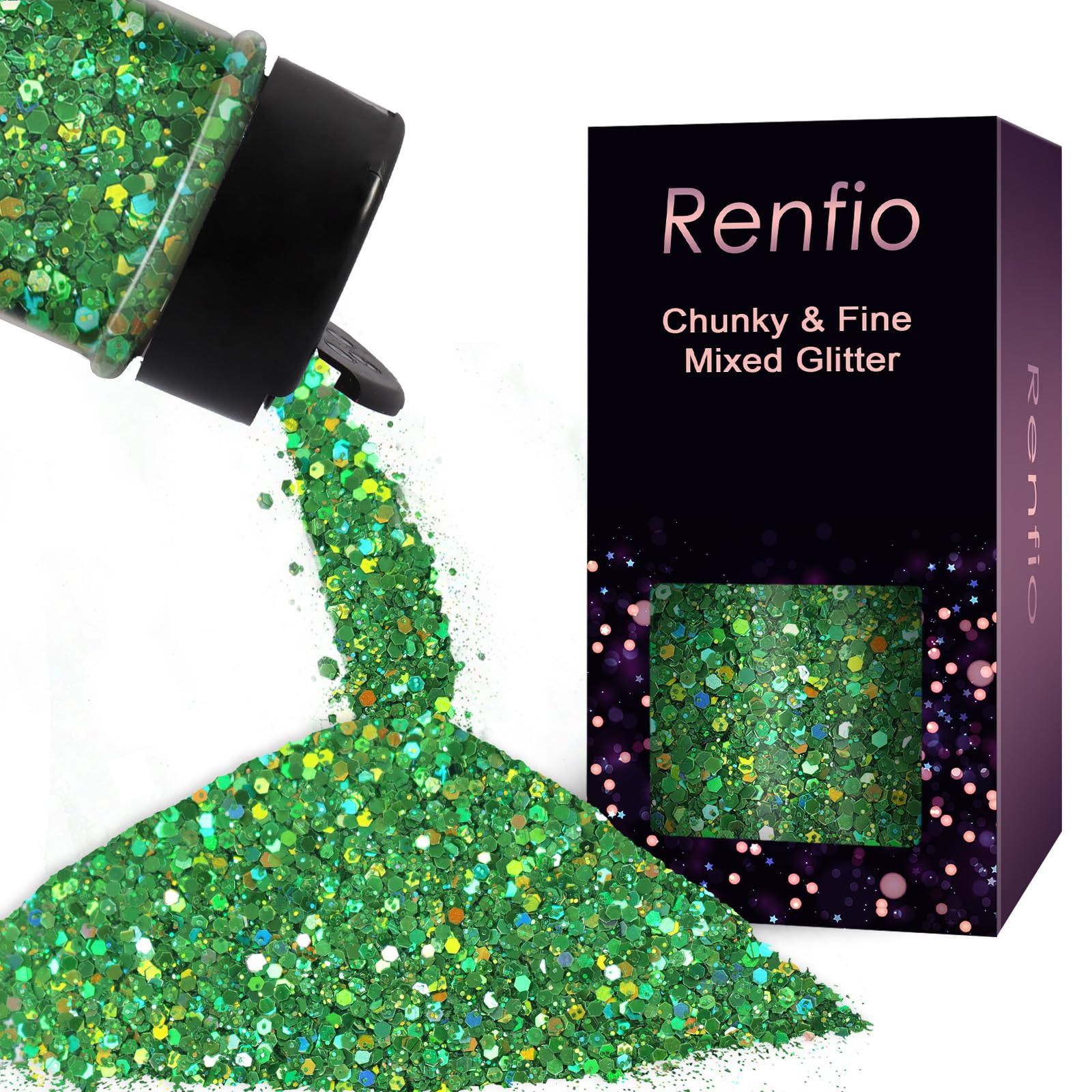 Renfio Holographic Glitter, 2.11oz/60g Medium Size Chunky Glitter Mix Ultra Fine Glitter for Crafts Green Glitter St Patricks Day Resin Glitters PET Flakes for Nail Art Tumblers Slime - Laser Green