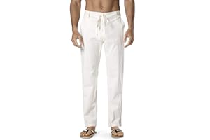 DELCARINO Men's Drawstring Linen Pant Elastic Waist Relaxed-Fit Casual Beach Trousers