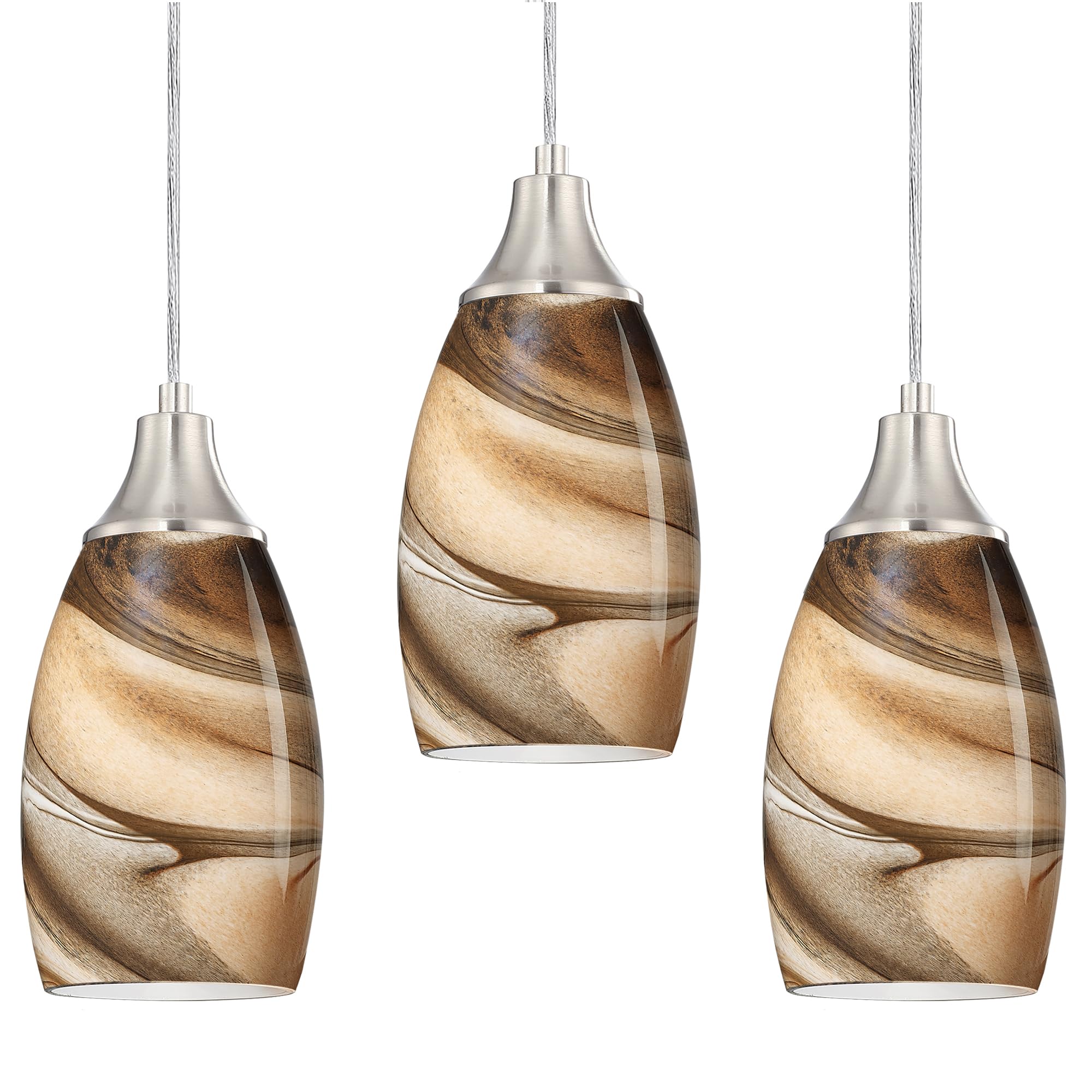 Photo 1 of karyfine Mini Pendant Lights Kitchen Island Light Brown Glass Lamp Shade Hand Blown Glass Pendant Light with Brush Nickel Finish Adjustable Cord for Kitchen Over Sink, Dining Room (Light Brown-3P)