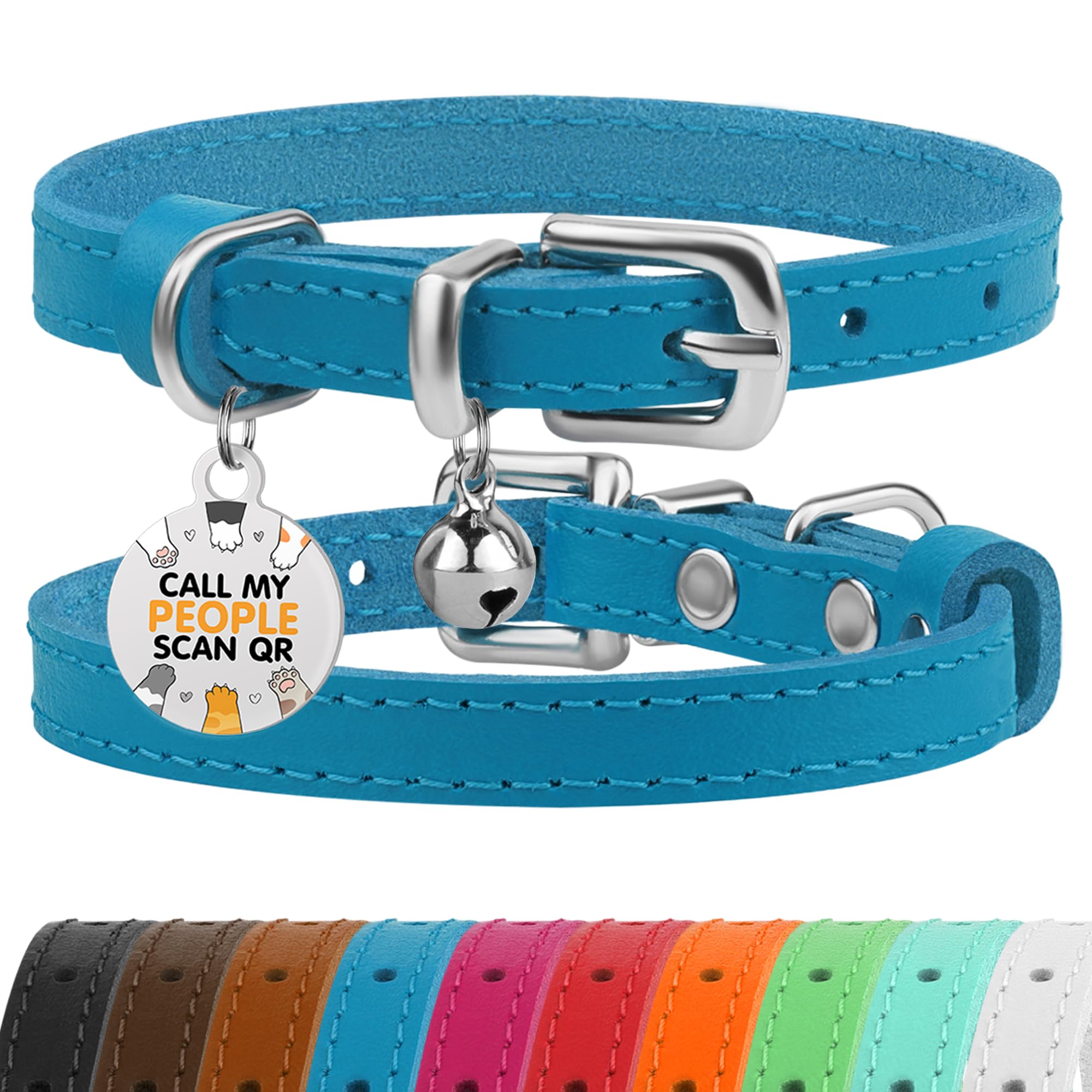 BRONZEDOG Leather Cat Collar with Removable QR-ID Tag – Kitten Collar with Bells, Non-Breakaway, for Girls & Boys (18-22 cm, Blue & Silver)