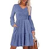ANRABESS Women's Long Lantern Sleeve Ribbed Knit Dresses V Neck Casual 2025 Fall Winter Flowy Swing Tunic Sweater Short Dress