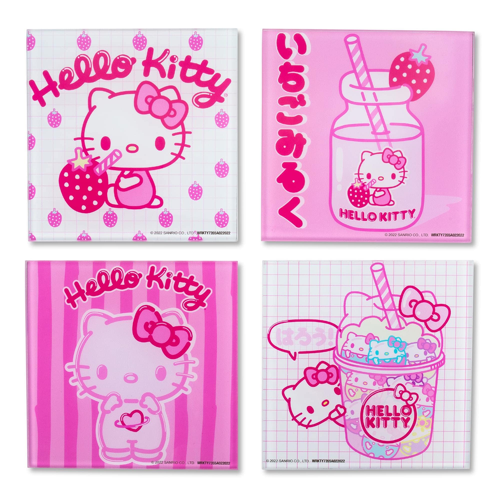 Sanrio Hello Kitty Strawberry Milk Glass Coasters for Drinks, Set of 4 | Tabletop Protection for Home Kitchen, Dining Room Table