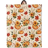 SOMEKLLY Pumpkin Throw Blanket Soft Cozy Lightweight Flannel Blankets with Fall Sunflower Maple Leaf Wheat Beige Background Printed for Autumn Lovers Bedroom Dorm Office Home Decor Gifts 50x60 Inch
