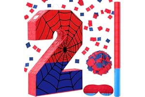 Simgoing Number 2 Spider Web Piñata Bundle with Blindfold Small Piñata Birthday Party Decoration for Mexican Fiesta Cinco De Mayo Anniversary Celebration Gift, 15.75 x 11 x 2.8 In(Red Blue)