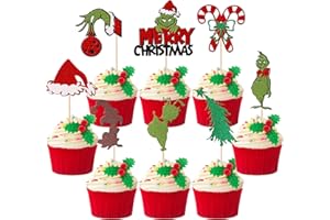 ZHUOWEISM 24 PCS Grinch Merry Christmas Cupcake Toppers Glitter Santa Hat Cane Xmas Tree Grinchmas Cupcake Picks for Merry Grinch Christmas New Year Holiday Theme Birthday Party Cake Decorations Supplies