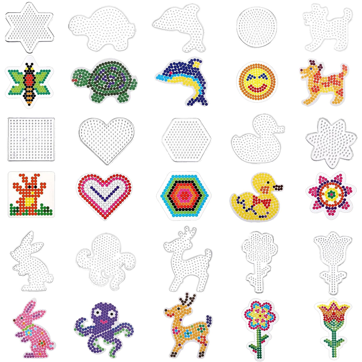 RNHDLY 15 Pieces Fuse Beads Pegboards 5mm Fuse Beads Boards, Clear Animal Shape Bead Pegboard with 15 Pattern Template Paper Cards for Kids Adults DIY Handcraft