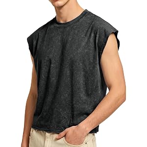 PLEPAN Men's Cropped Muscle Sleeveless Cotton Tank Tops Cut Off Fashion Washed T Shirts Workout Tee