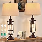 SRJJRS 28" Table Lamps for Living Room Set of 2, Farmhouse Bedroom Lamps for Nightstand with USB A+C, Rustic Bedside Lamps fo