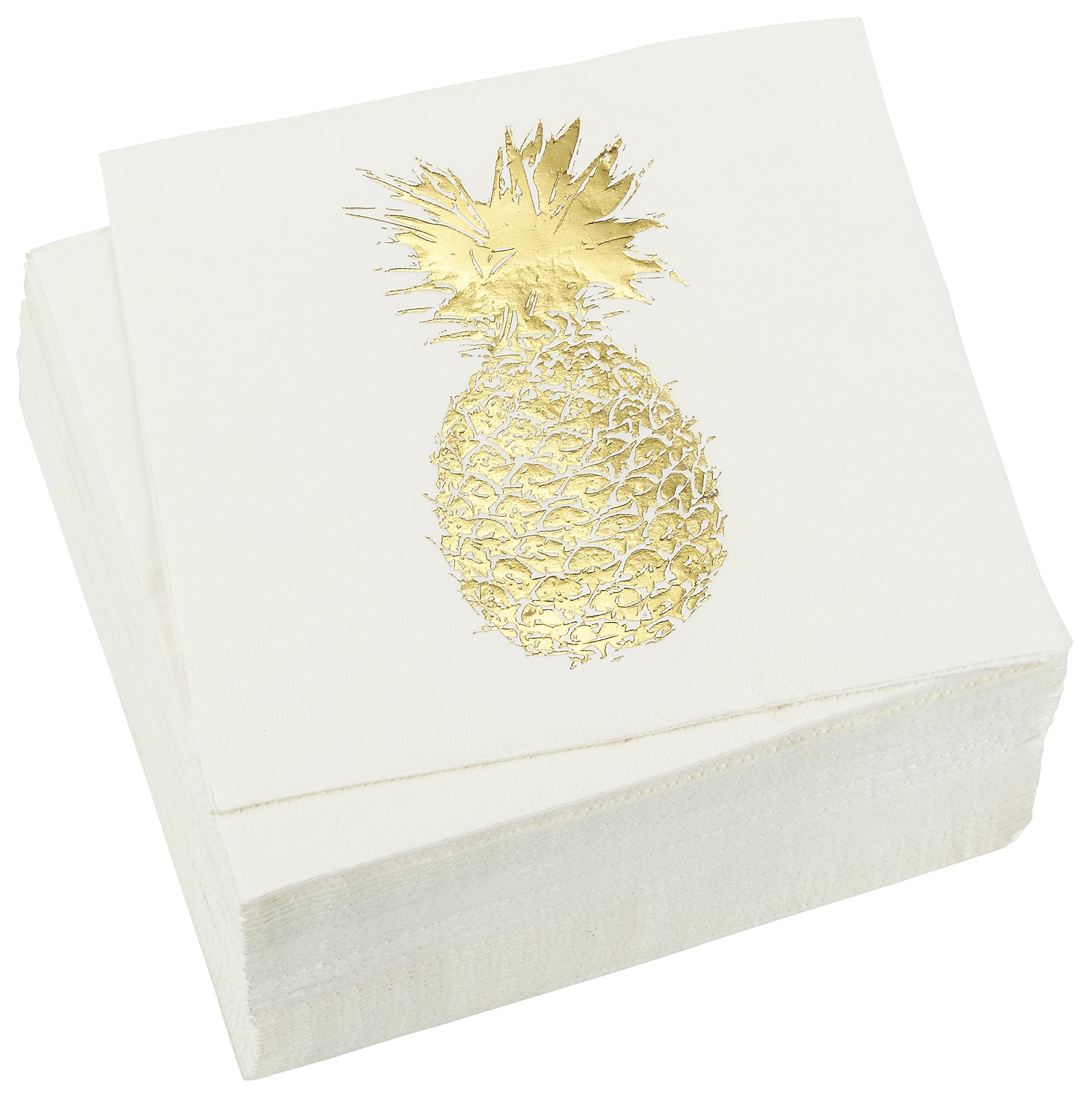 50 Pack Decorative Dinner Napkins - Disposable Paper Party Napkins with Gold Foil Pineapple, Perfect for Anniversary Decorations, Birthday Party Supplies, 6.5 x 6.5 Inches Folded, Gold and White
