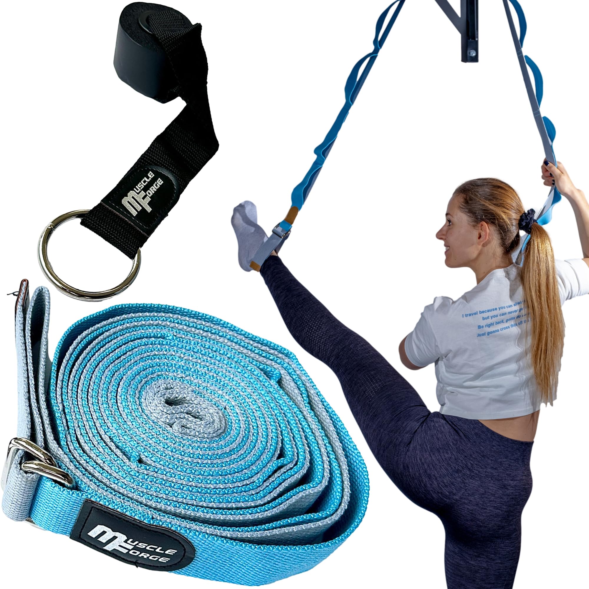 MuscleForge Yoga Strap for Stretching with Door Hook, 300 cm Leg Stretcher and Leg Stretch Strap for Ballet, Yoga, Pilates, Martial Arts Training – Adjustable Loops for Flexibility & Mobility