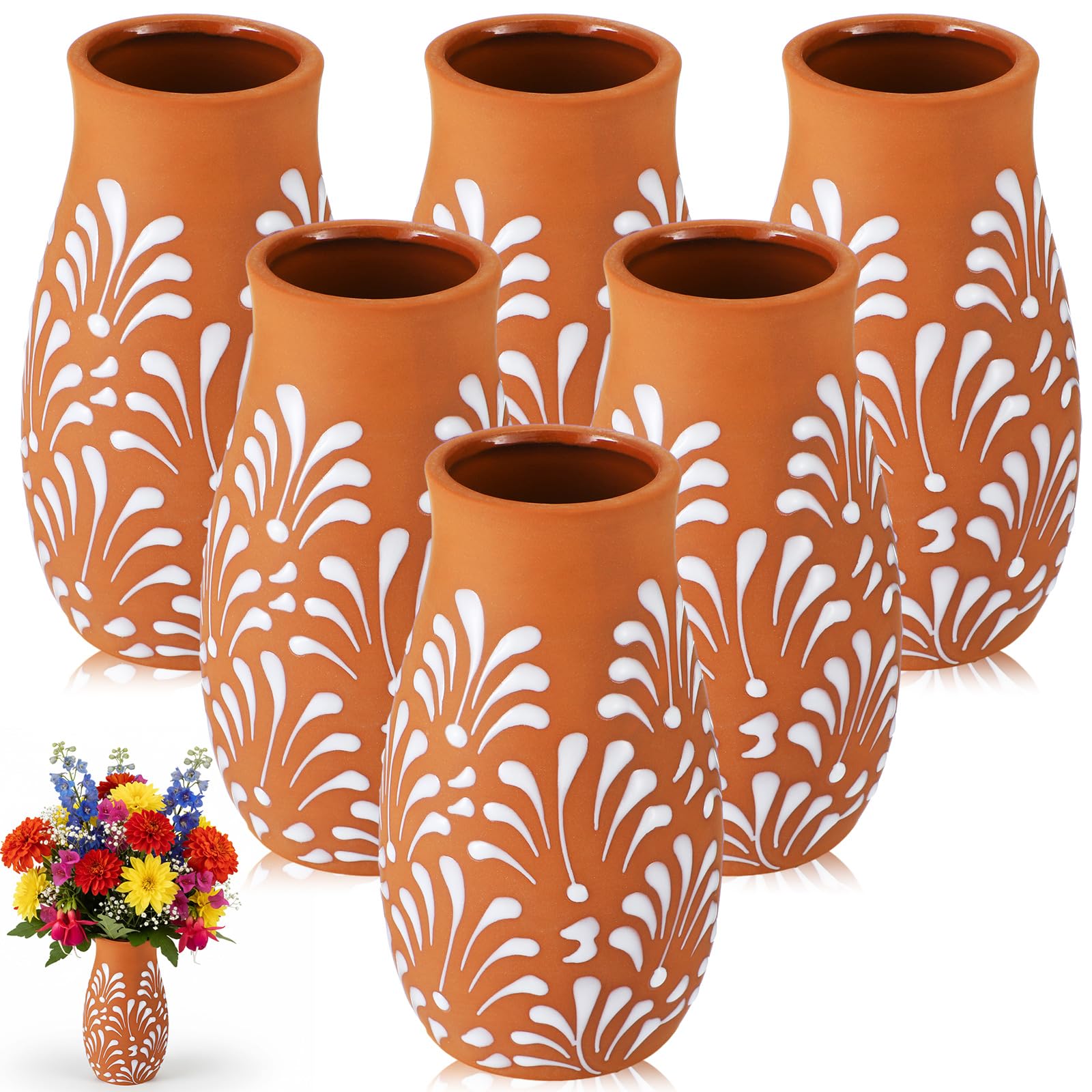 Photo 1 of Teecyhooo 6 Pcs Cantaritos De Barro Mexicanos Mexican Terracotta Vases Floreros Jarritos De Barro Mexicanos Talavera Handpainted Clay Vase Tequila Margaritas Glasses for Table Fiesta Centerpieces