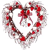Sggvecsy 17in Valentine's Day Heart Wreath with Berry Red Heart Wreaths Handmade Valentines Day Wreath with Silk Bow Red Pink Pip Berries for Gifts Front Door Indoor Home Wedding Festival Decor