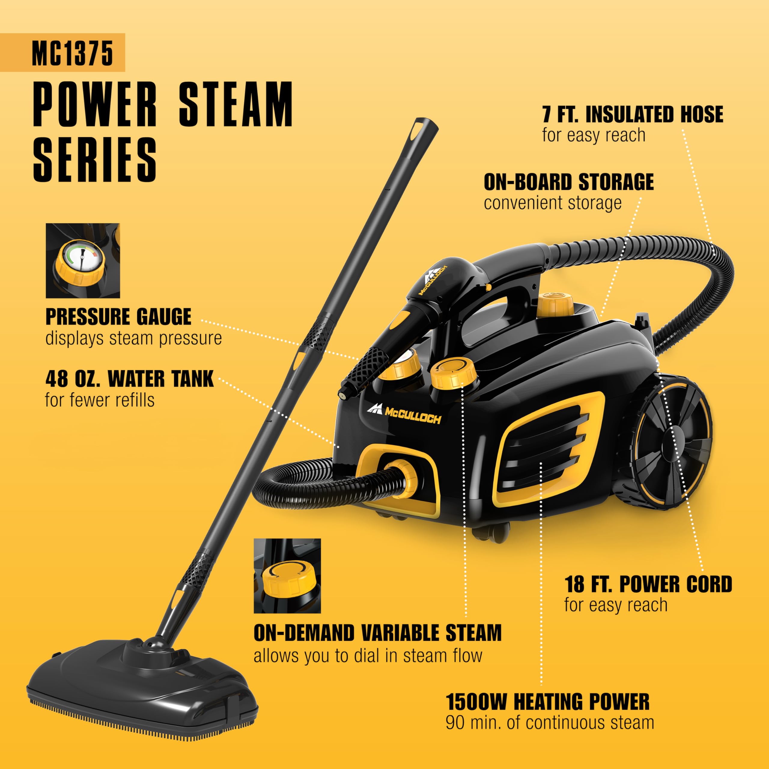 McCulloch Canister Steam Cleaner MC1375, 90 Minute Runtime, 20 Accessories: Jet Nozzle, Brushes, & More - Built for Home, Tile, Grout, Carpet, Furniture, & Personal Car Detailing