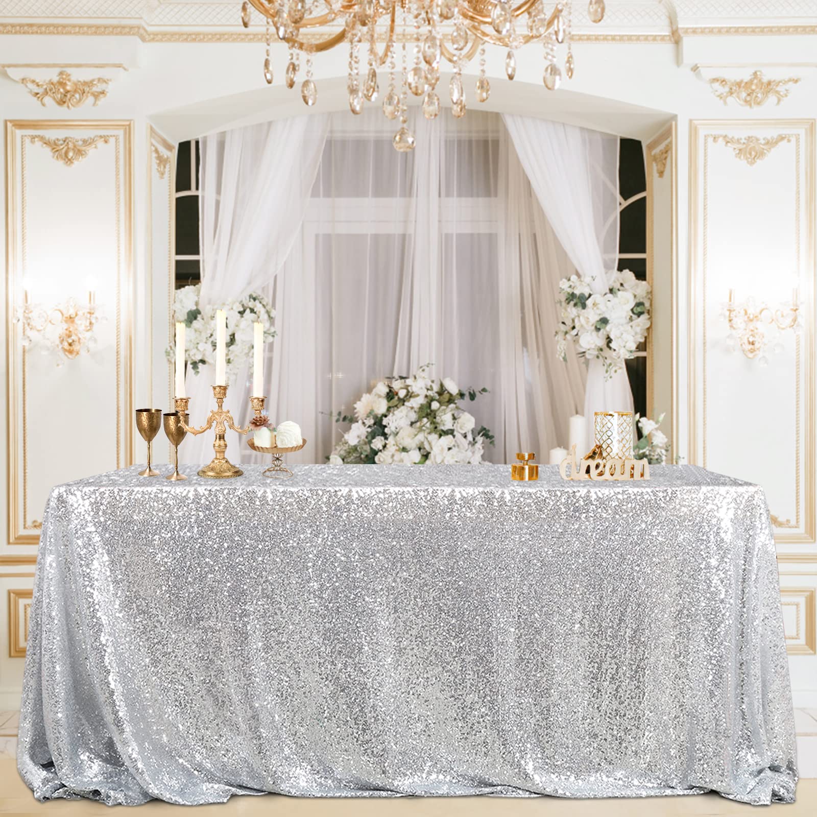 Photo 1 of B-COOL Silver Sequin Tablecloth Christmas 50x80 Inch Glamorous Halloween Table Cloth for Thanksgiving Day Wedding Party Curtain Birthday New Year and Other Events Decor