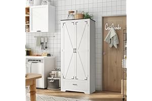 Pamapic Farmhouse Kitchen Pantry Cabinet - 71" Tall Wooden Storage Cabinets with 2 Barn Doors, Versatile Storage Cabinet with Shelves & Drawers for Dining Room, Bathroom,White