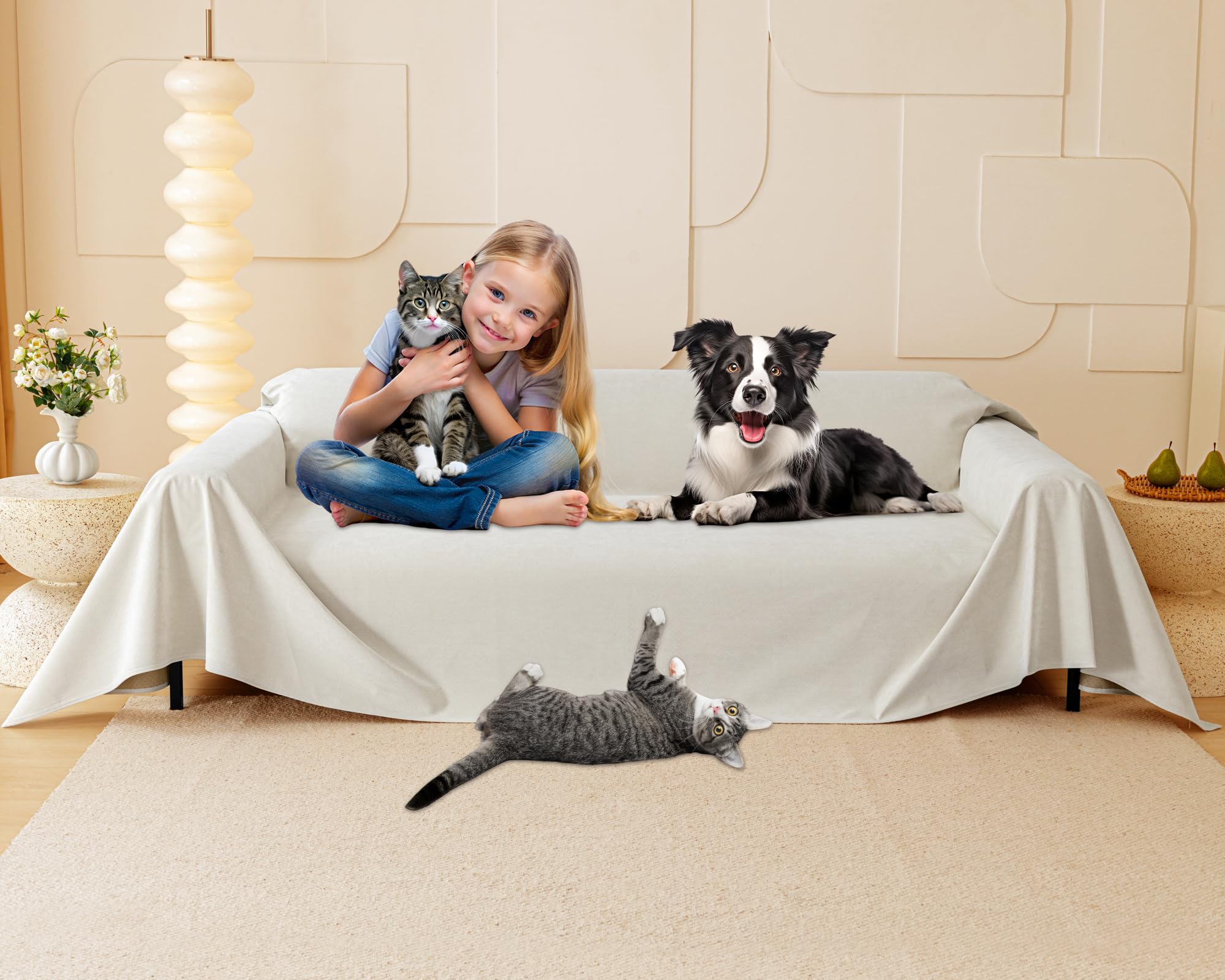 Photo 1 of Cat Scratch Furniture Protector - Anti-Slip, Waterproof Sofa Cover to Keep Cats Off, Pet-Friendly Couch Protectors for 3 Cushion Couch, Beige Anti-Scratch Couch Cover for Pets and Kids 150"X71"