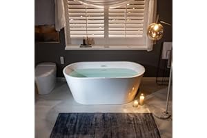 WOODBRIDGE 59" Acrylic Freestanding Bathtub Contemporary Soaking White Tub with Brushed Nickel Overflow and Drain,B0014 -B/N-Drain &O
