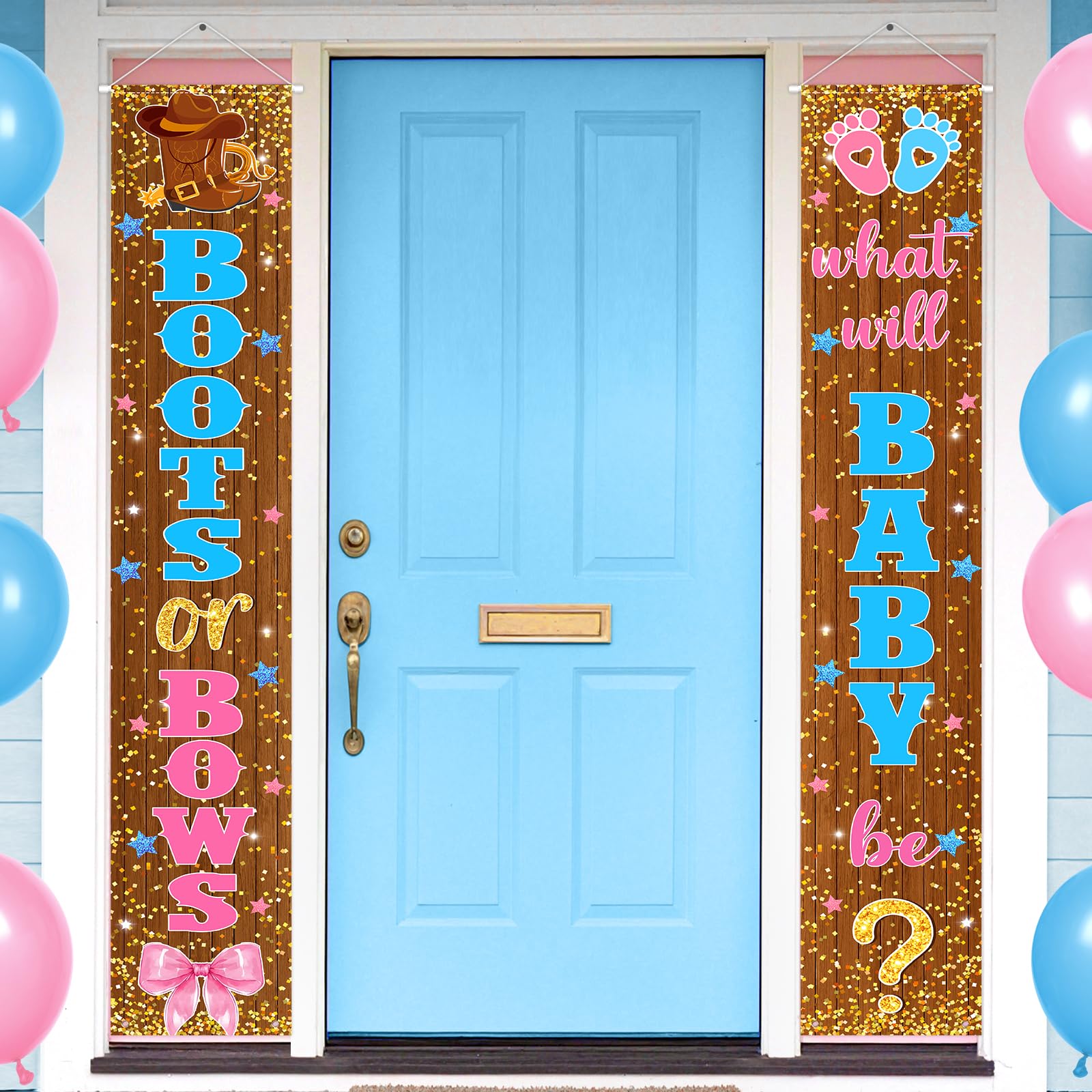Photo 1 of 2 Pcs Western Gender Reveal Decorations,70.8x11.8 Inch Boots or Bows Door Hanging Porch Sign Cowboy or Cowgirl Banner Background Door for Western Gender Reveal Party Photo Prop Backdrop Supplies