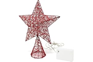 CVHOMEDECO. Red Tree Top Star with Warm White LED Lights and Timer for Christmas Ornaments and Holiday Seasonal Décor, 8 x 10 Inch