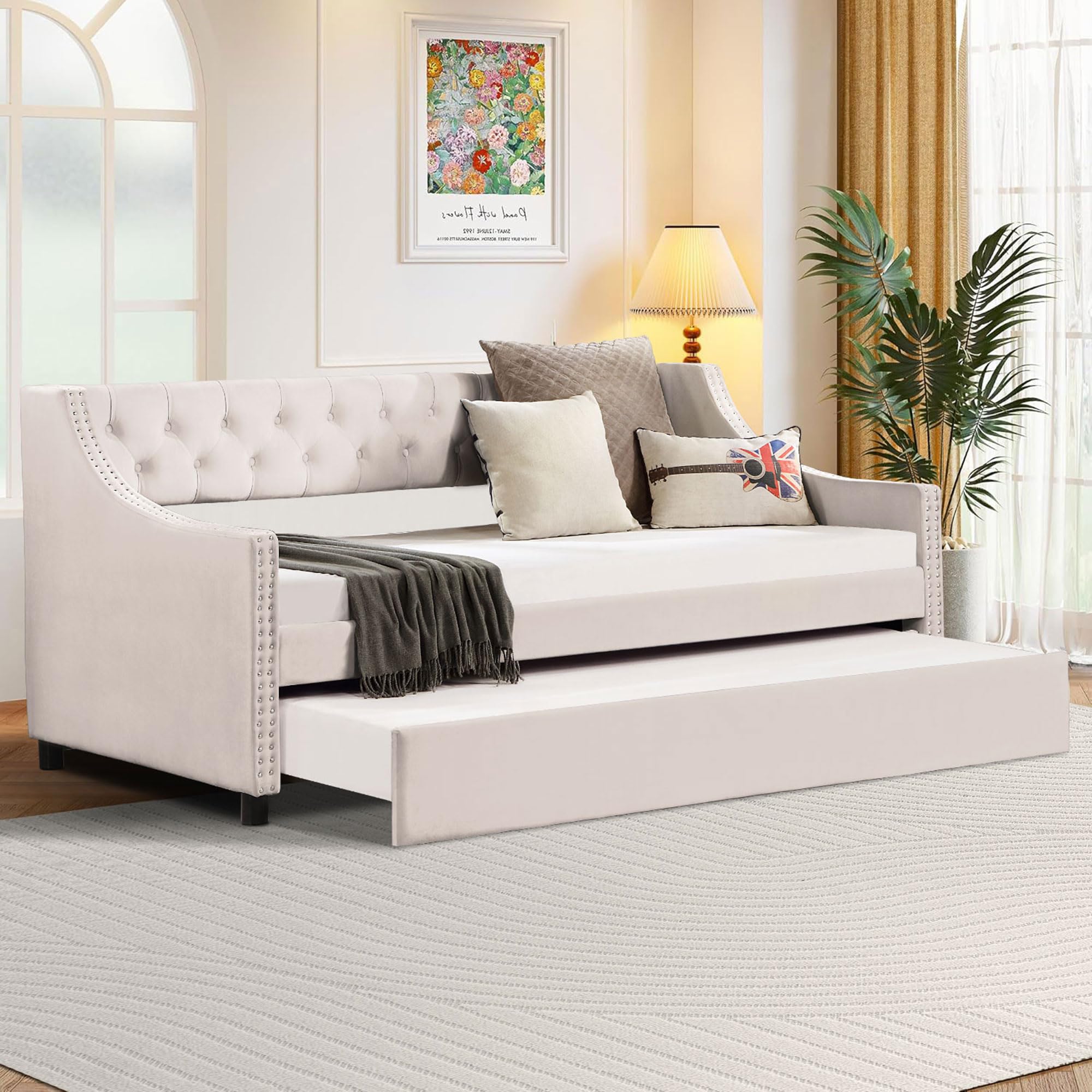 Photo 1 of **UNKNOWN MISSING PIECES**Ball & Cast Full Size Daybed W/Trundle,Day Bed with Pop Up Trundle Bed W/Button and Copper Nail on Arms,Upholstered Sofa Bed W/Back,No Box Spring Needed,for Bedroom,Guest Room,Beige