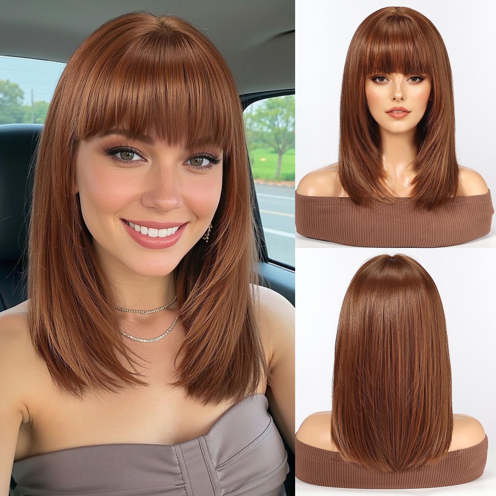 WOKESTAR Staright Wig with Fringe Synthetic Mid-length Layered Wigs for Women Auburn Color