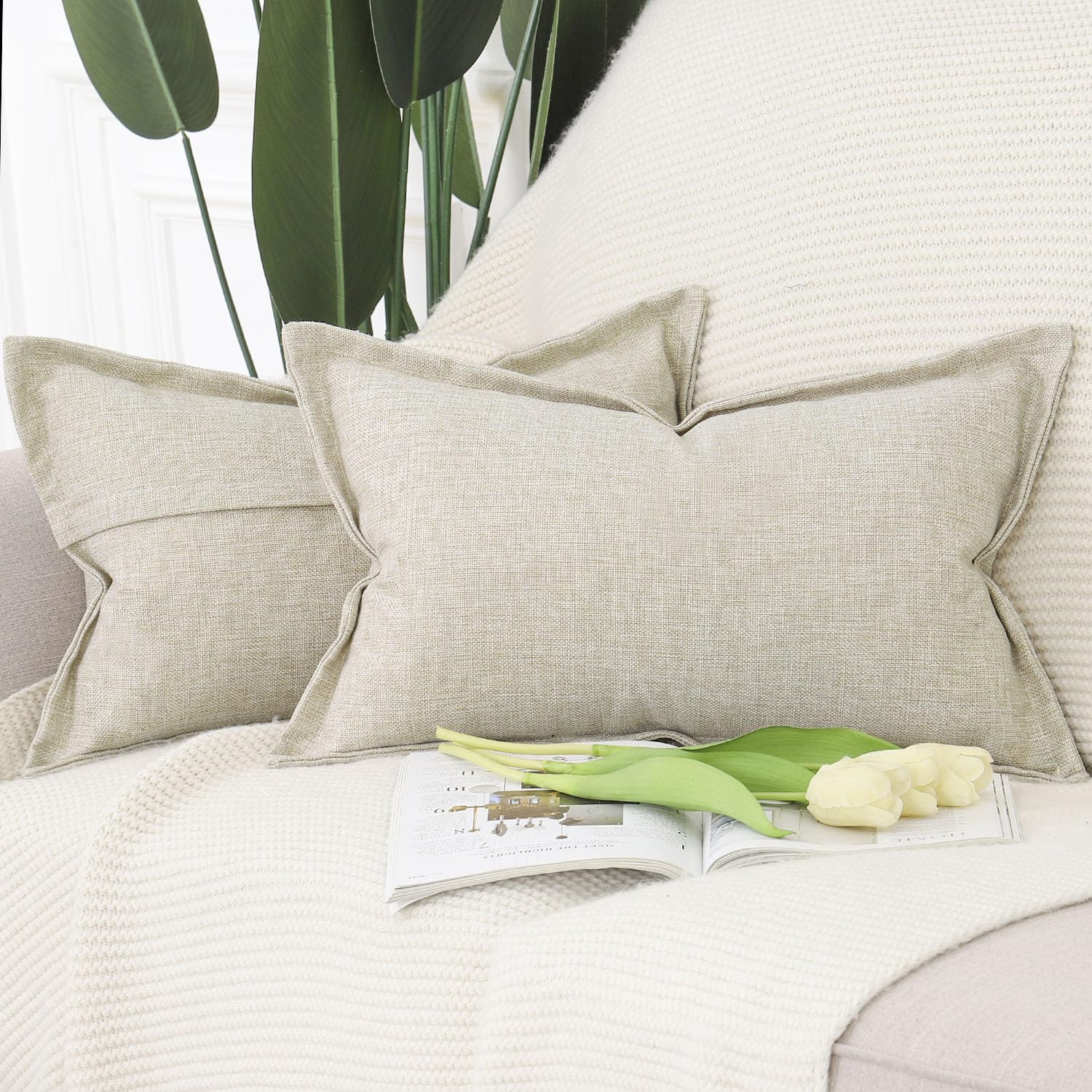 Madizz Set of 2 Faux Linen Cushion Covers with Broad Edge Soft Boho Decorative Pillow Cases for Sofa Bedroom Modern Pillow Shell 12x20 inch, 30x50 cm Light Taupe