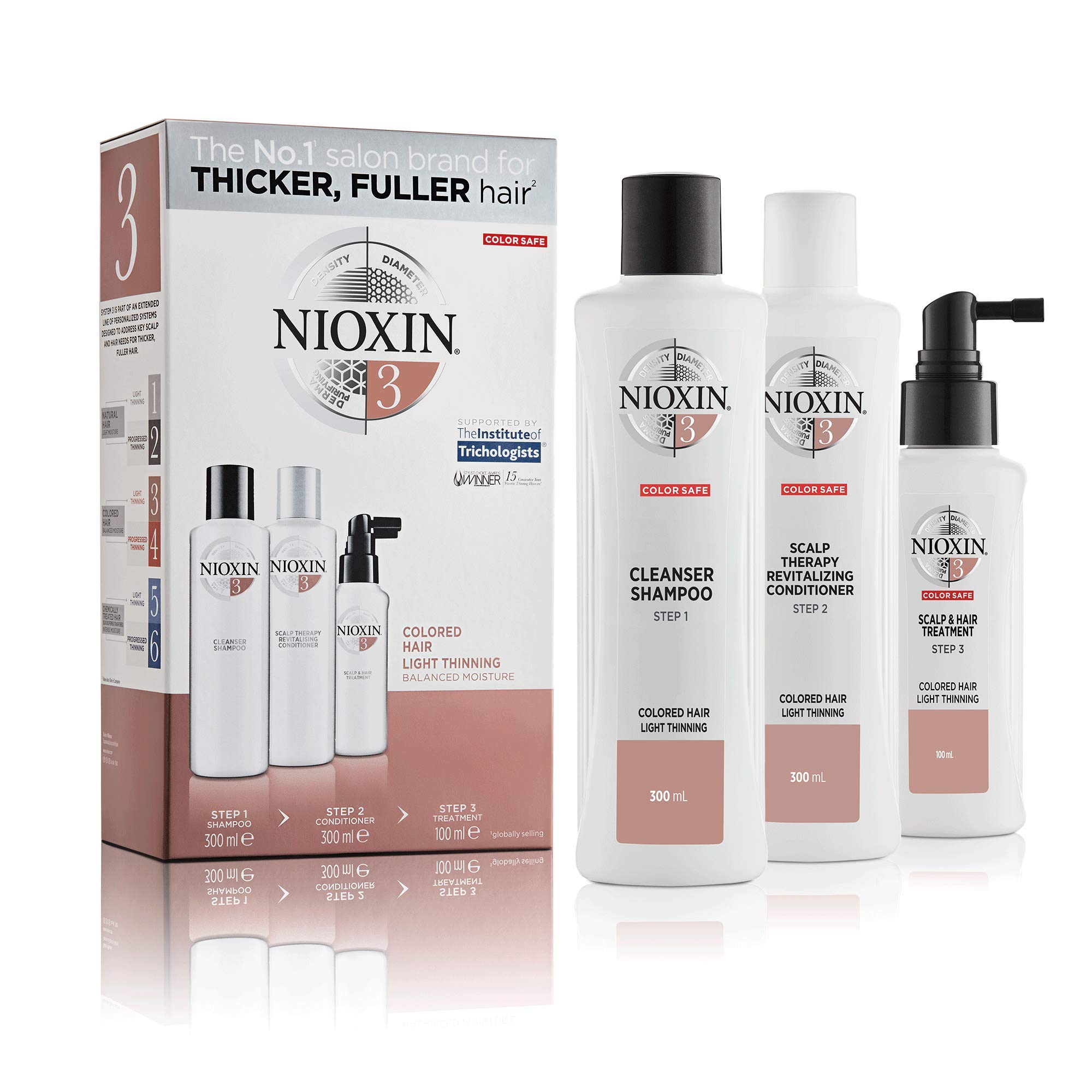 Nioxin 3-Part System, System 3 Coloured Hair with Light Thinning, Hair Thickening Treatment, Scalp Therapy, Loyalty Kit