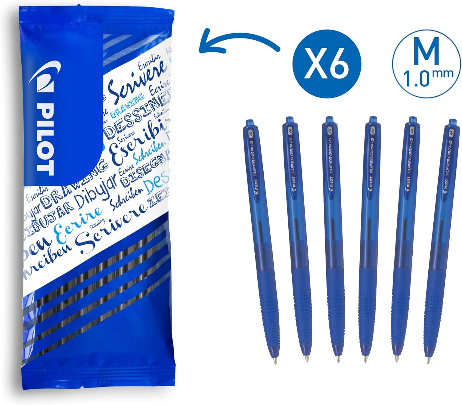 PILOT Super Grip G Retractable Ballpoint Pens Set of 6 in M (Blue), Blue, Medium, 6 count (Pack of 1)