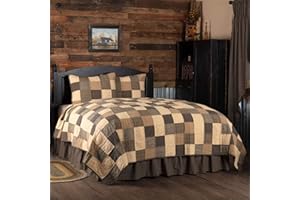 VHC Brands Kettle Grove 2 Piece Twin Quilt Set Primitive Country Patchwork Design, Country Black and Creme