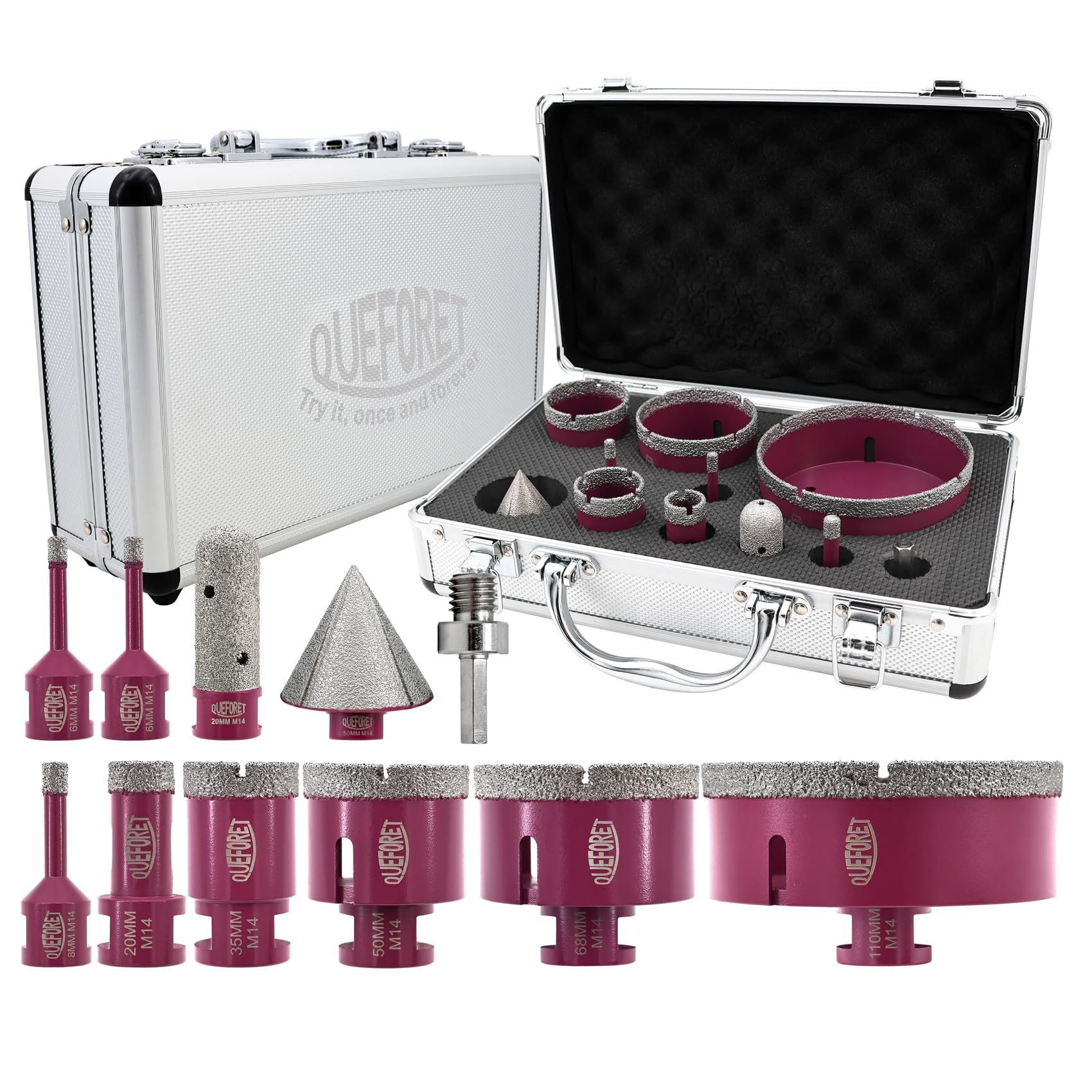 QUEFORET Diamond Drill Bits Set 11pcs - 8pcs 6/6/8/20/35/50/68/110mm x M14 Hole Saw, 20mm Finger Bit, 1pc 50mm Beveling Bit, 1pc M14 to Hex Adapter for Ceramic Porcelain Tile Marble Granite