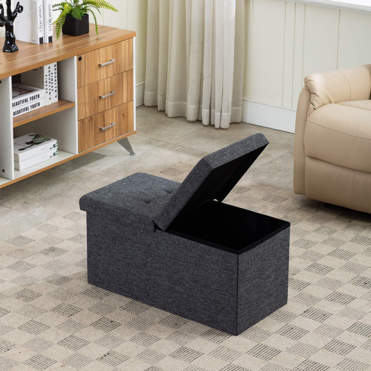 AUAG Smart Lift Top Linen Fabric Ottoman Bench Folding Storage Ottoman Sturdier Toy Box Easy to Assembly Stuff Organizers (Dary Grey, 30")