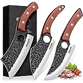 Huusk Butcher Knife Set of 3- Japanese Knife Set for Meat Cutting, Hand Forged Viking Knives Sets with Meat Cleaver, Heavy-Duty Kitchen Knives Sets for Bone BBQ Vegetable, Gifts for Men