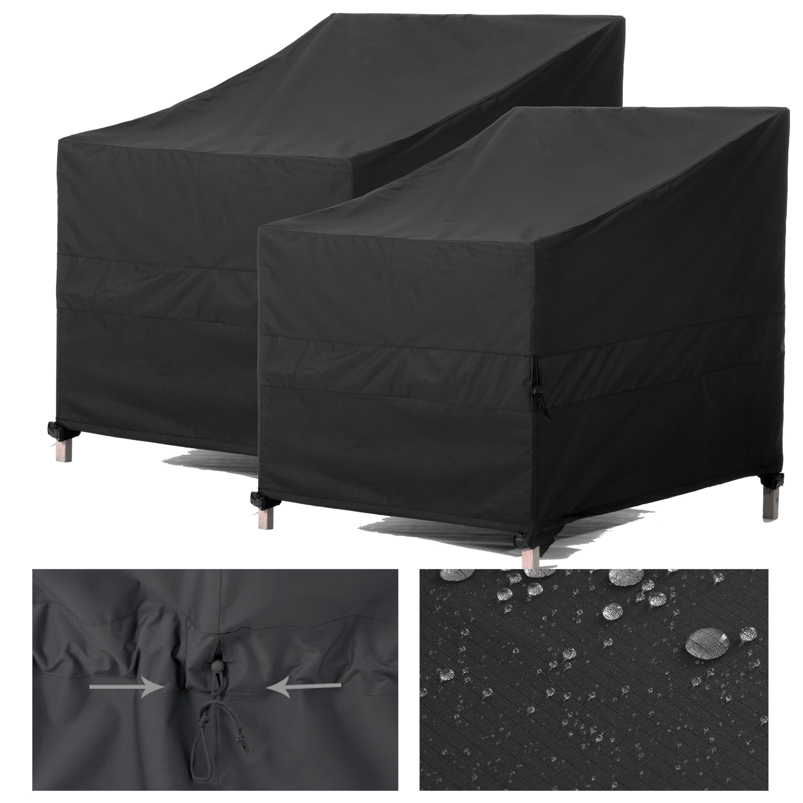 F&J Outdoors Garden Chair Covers Dining Chair Adirondack Chair Cover Waterproof UV Resistant Heavy Duty Durable Waist Drawstring Tight Windproof Outdoor Chair Covers, Black, 84x86x65/82cm, 2 pack