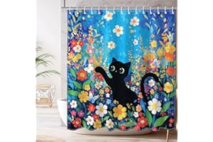 Mocsicka Boho Floral Shower Curtain With 12 Hooks - Cute Black Cat, Blue Sky, Colorful Flowers for Girls Kids - Waterproof Fabric 72''X 72''