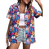 Women's Hawaiian Shirts Floral Tropic Print V Neck Button Down Shirt Summer Hawaii Short Sleeve Blouse Tops