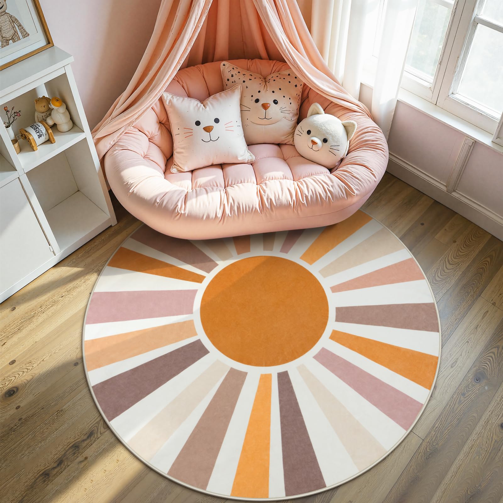 Photo 1 of STARUIA Boho Sun Round Washable 6Ft Area Rug for Living Room, Soft Non-Slip Boho Rainbow Kids Nursery Orange Throw Rug Carpet for Bedroom, Circle Colorful Kitchen Rug for Classroom Office Dining Room