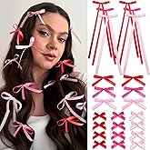 SAWINDA 24Pcs Valentines Hot Pink Hair Bows Clips Cute Long Tails Bows for Hair Valentines Day Silk Satin Hair Ribbons for Girls Sweet Bowknot Hair Clips Barrettes Accessories for Women Teens Girls