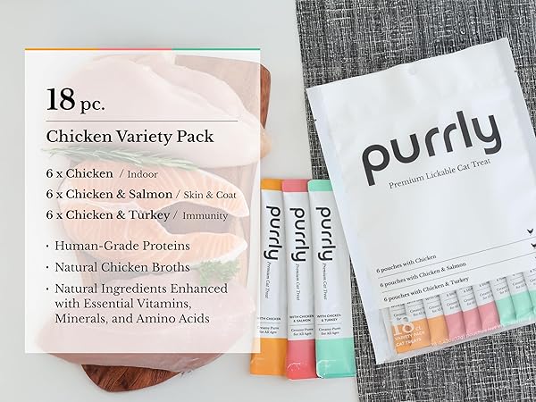 PURRLY LICKABLE WET CAT TREATS HEALTHY GRAIN-FREE CHICKEN VARIETY PACK (18 COUNT) SQUEEZABLE CREAMY PURÉE WITH HUMAN-GRADE PROTEIN SOURCES AND FUNCTIONAL NUTRIENTS NON-GMO NO-ARTIFICIAL-ADDITIVES