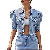Verdusa Women's Button Up Cropped Jean Jacket Puff Sleeve Collared Denim Outerwear with Pockets
