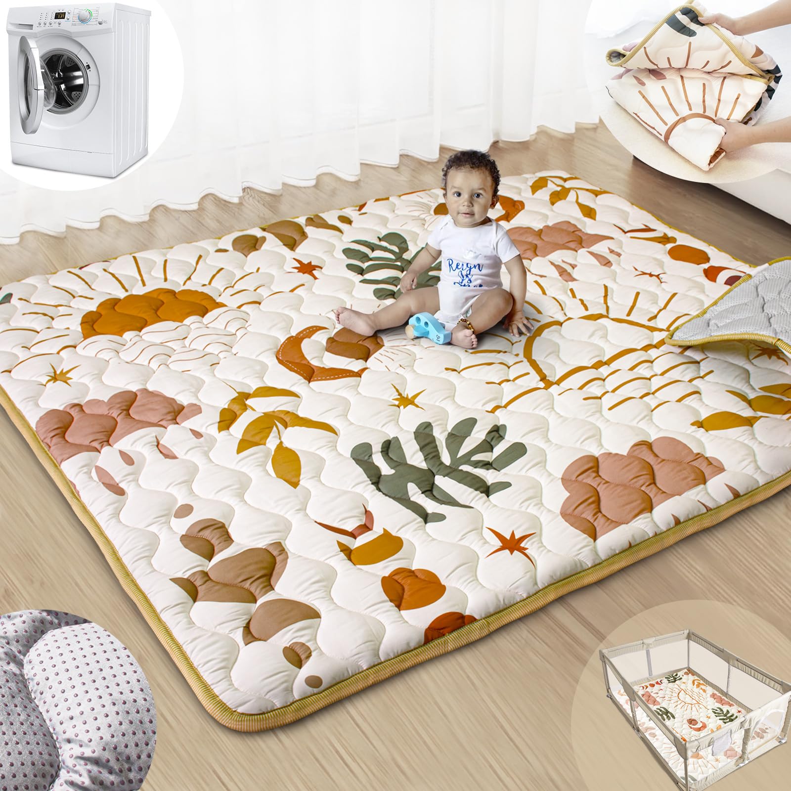 Photo 1 of Beavtaens Baby Play Mats for Floor, 71”x59” Upgraded Thickness & Larger Super Soft Playmat for Babies and Toddlers, Foldable Washable, Upgrade Anti-Slip Crawling Mat for Playpen(Boho Nature)