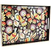 Spsyrine Decorative Serving Tray with Handles, Black Lacquered Coffee Table Tray for Ottoman, Rectangle Waterproof Platters for Centerpieces, Parties, Living Room, Kitchen Counter Organization Peacock
