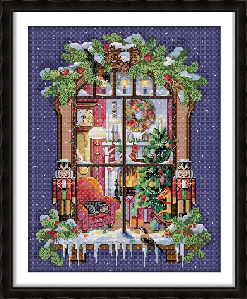 CaptainCrafts Cross Stitch Kits Stamped Cross Stitch Preprinted Fabric Cross Stitch Adults Embroidery Kits Needlework Crafts Home Decor (Preprinted 11CT, The Window of The Christmas)