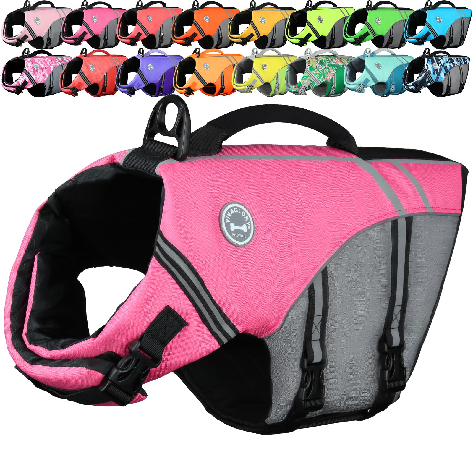 VIVAGLORY Sports Style Dog Life Jacket, Dog Buoyancy Jacket for Swimming & Boating, Ripstop & Buoyancy for Doggy, Life Vest with Handle, L, Pink