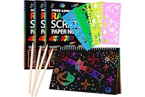 KITOYZ 4 Pack Scratch Arts Drawing Notebook for Kids Drawing Pad, Large Rainbow Scratch Drawing Paper Set for Kids Art Supplies (with 4 Wooden Stylus & 4 Drawing Stencils）