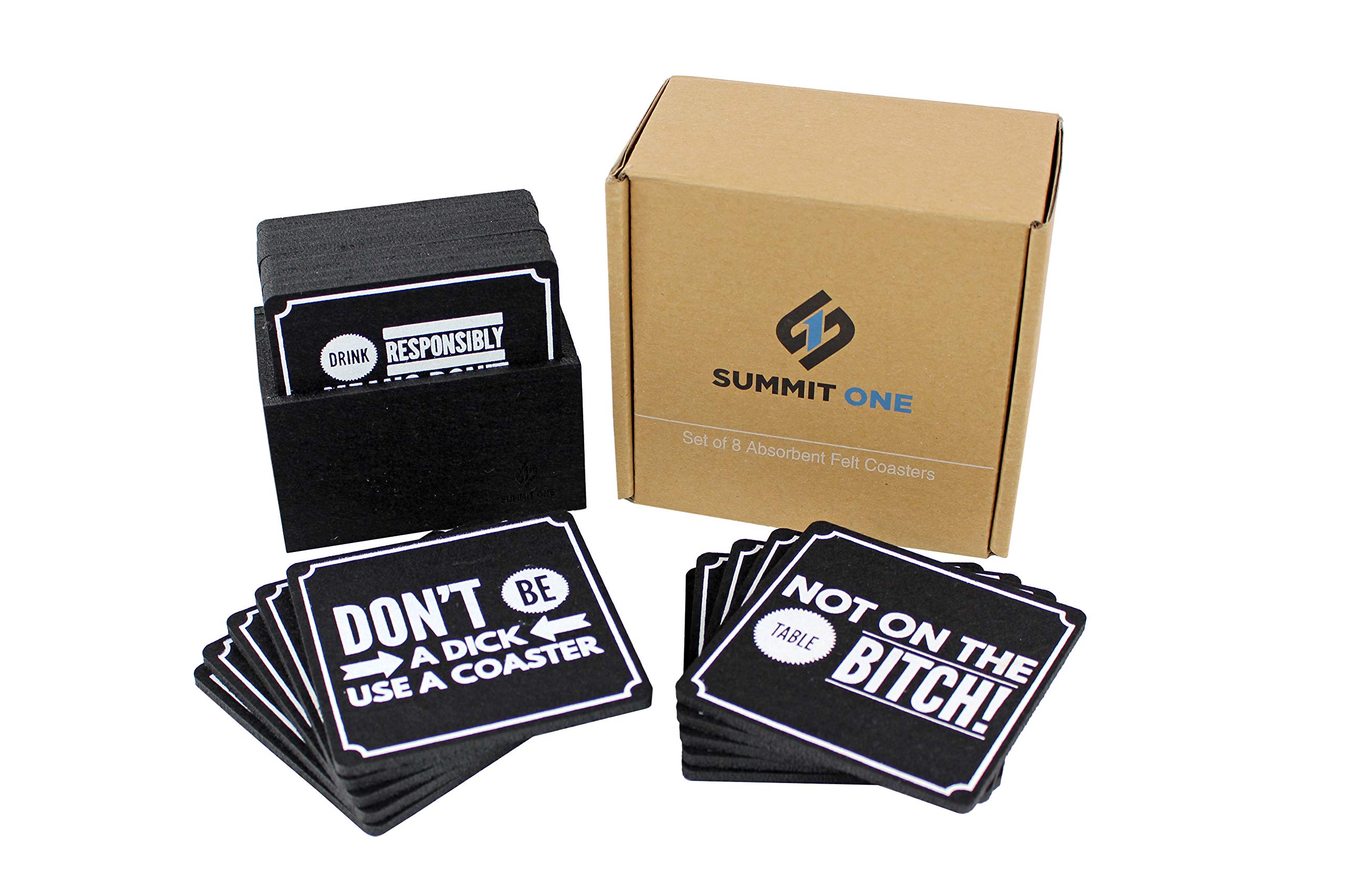 Summit One Funny Coasters for Drinks, Set of 10 (4 x 4 Inch, 5mm Thick) Premium Absorbent Felt Drink Coasters with Hilarious Quotes - Home Decor Gag Gifts for Women, Men - With Coaster Holder