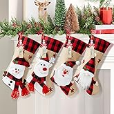 Minetom Christmas Stockings with Personalized Name Tag, 18" Christmas Stocking 4 Pack Snowman Deer Santa Gnome Burlap Plaid Xmas Stocking Holiday Christmas Decoration Gifts for Family Kids